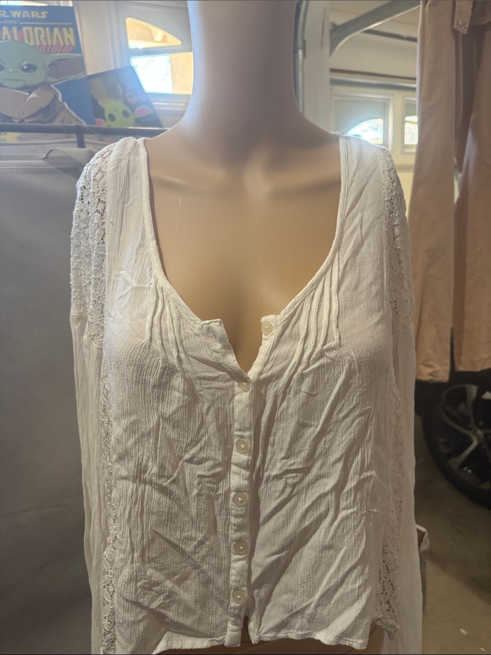 American Rag White Button-Down Lace Sleeve Blouse